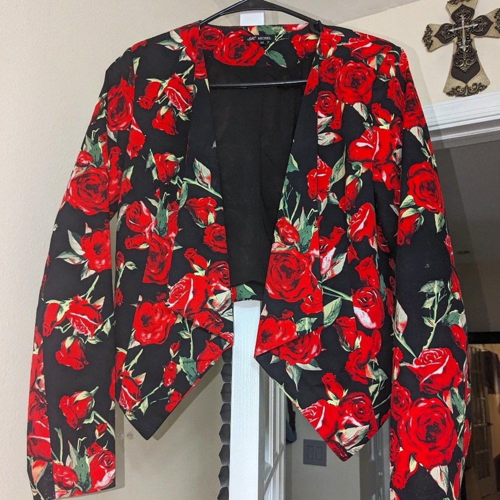 Women's cropped jacket Size - Size Medium-Red Roses on Black background